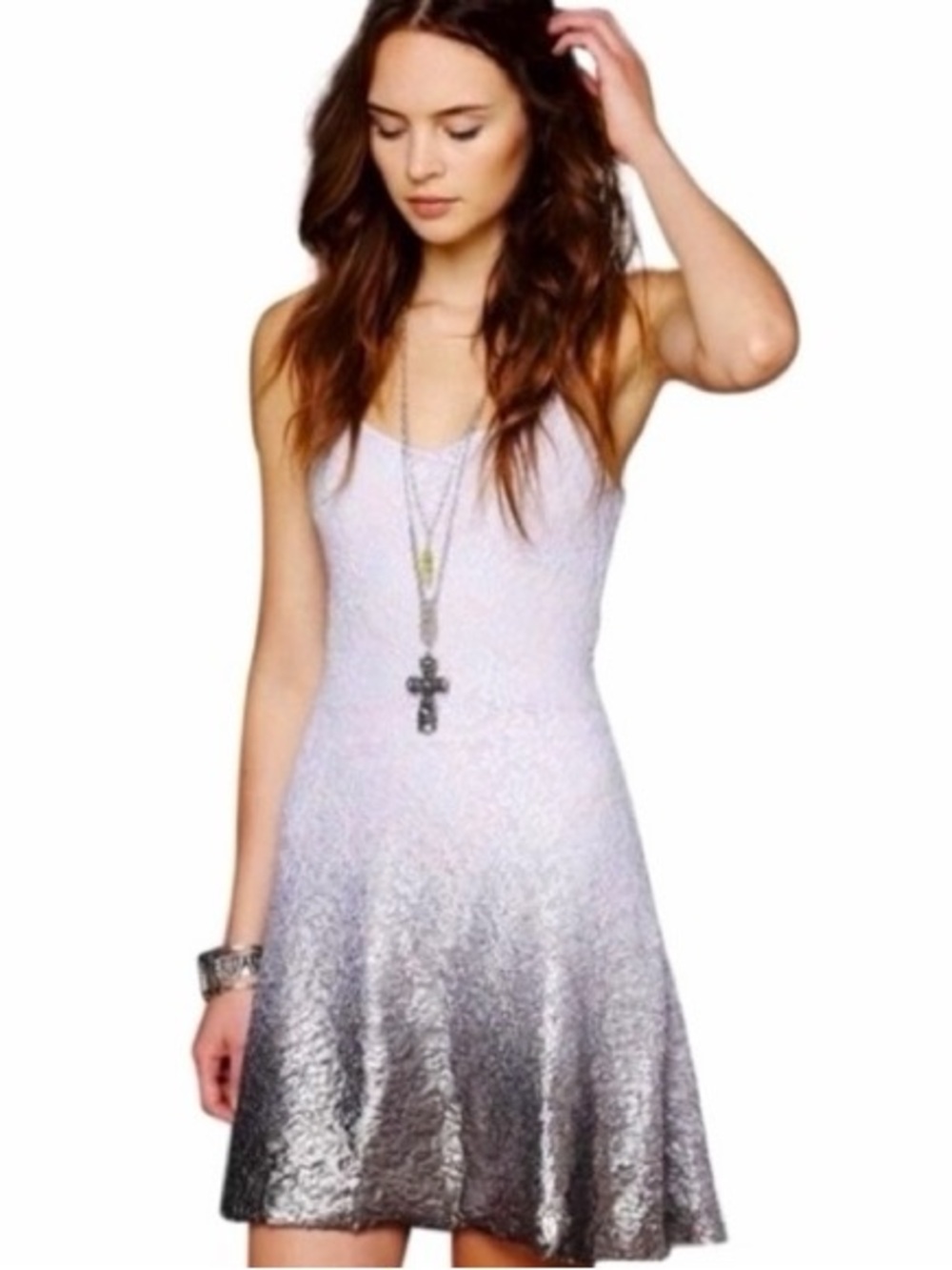 Free People Purple Silver Ombré Foil Lace Sleeveless Fit & Flare Mini Dress